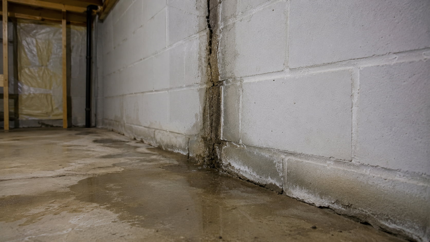 Moisture entering through a basement wall crack and lower wall joint in a damp unfinished basement