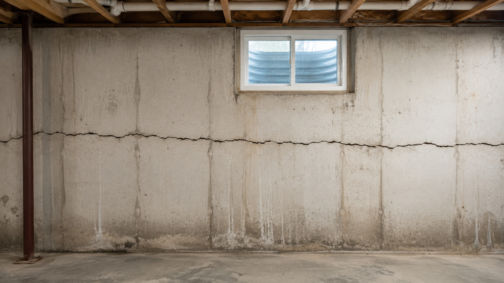 Horizontal crack along a basement wall showing a warning sign of foundation pressure in a Southeast Michigan home
