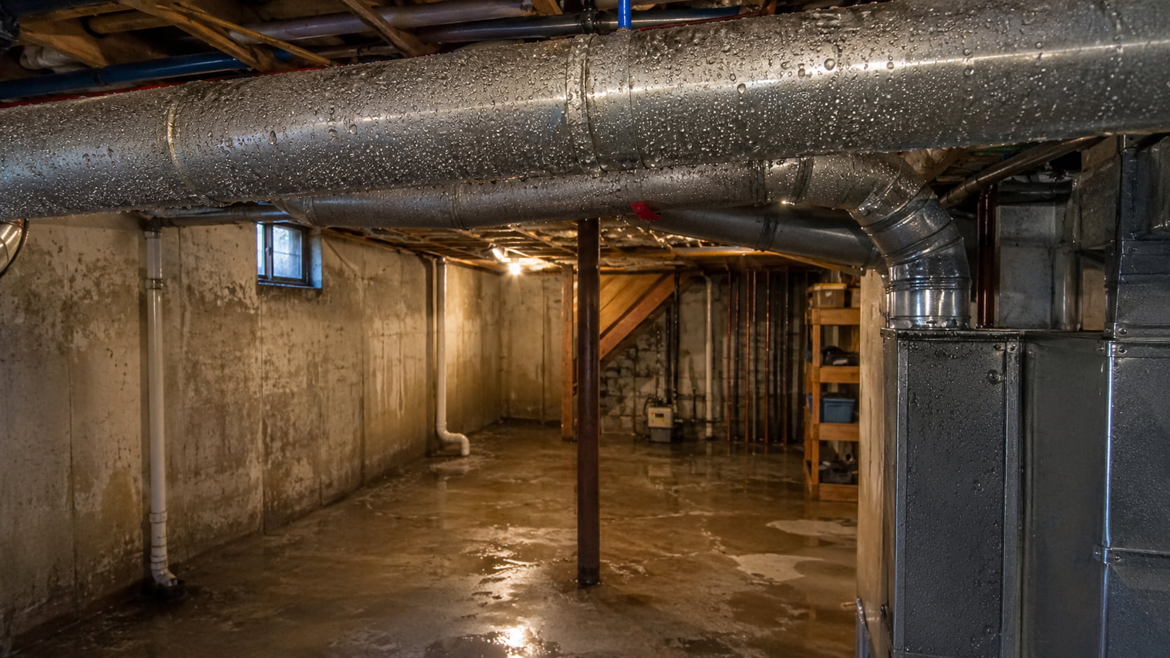 Condensation on basement pipes and ductwork caused by excess humidity in a damp Southeastern Michigan basement