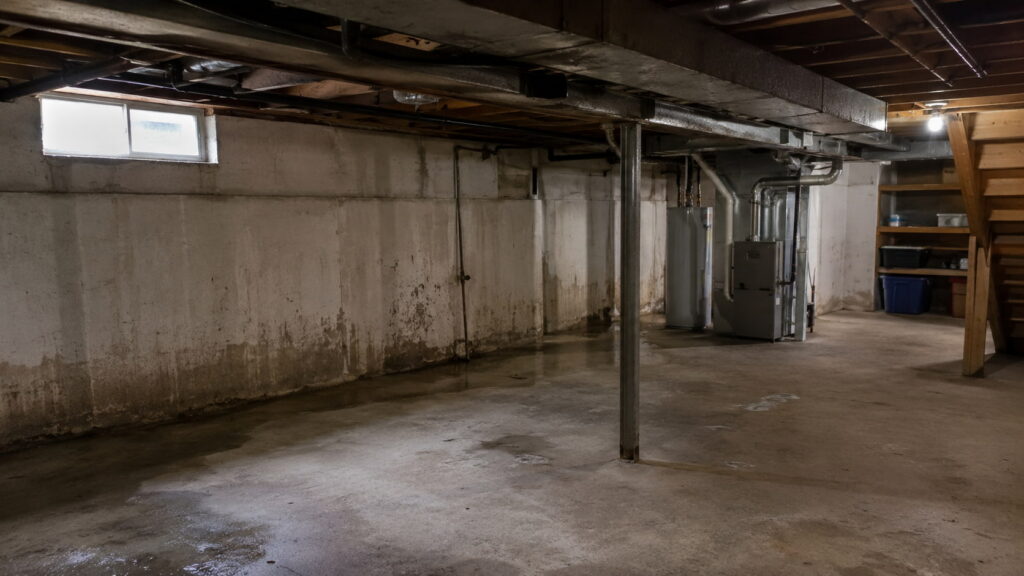 Musty basement with visible moisture issues and poor air circulation in Southeastern Michigan home